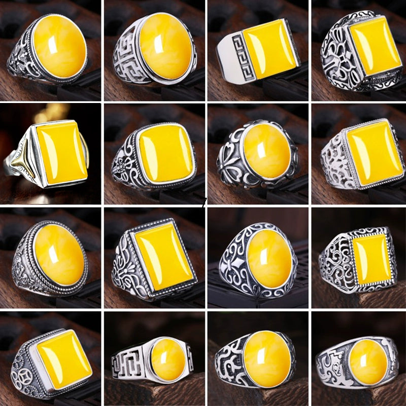 S925 Sterling Silver Ring Frame DIY Inlaid Beeswax Turquoise Amber South Red Ring Gem Opening Men Square Ring Setting