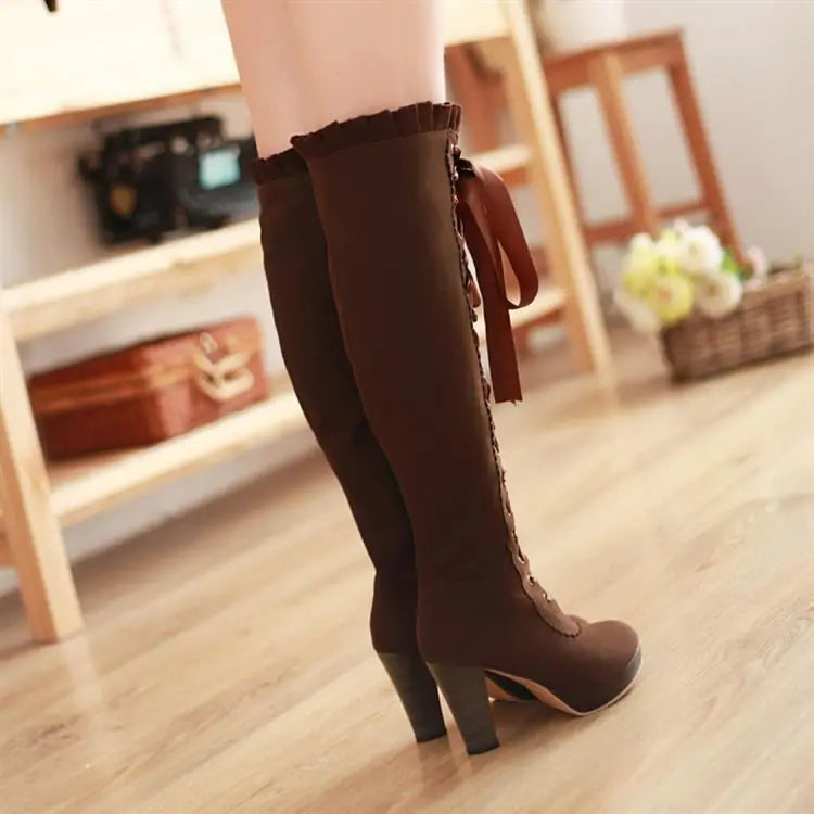 Velvet Strappy High Heels Tall Boots for Women