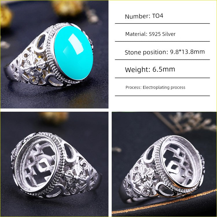 S925 Sterling Silver Ring Frame DIY Inlaid Beeswax Turquoise Amber South Red Ring Gem Opening Men Square Ring Setting