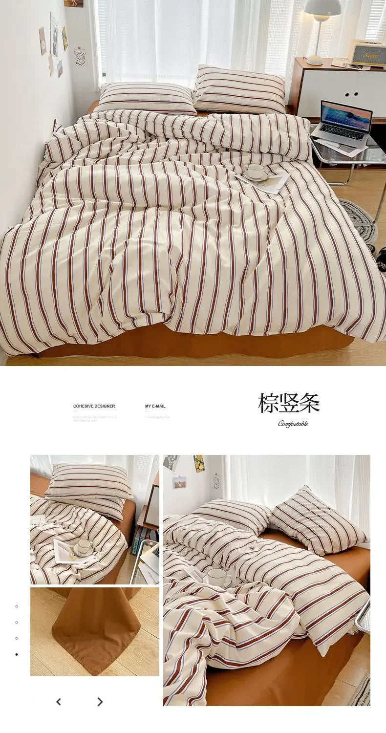 Simple Red and Blue Striped Duvet Cover and Four Piece Bed Sheet Set with Washed Cotton Bedding on the Bed