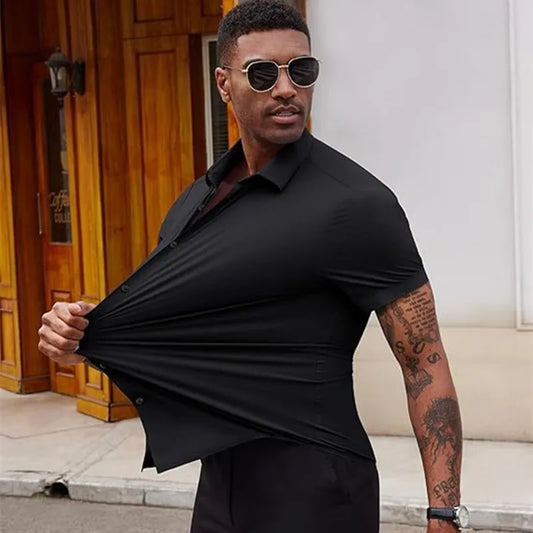 High Quality Summer Business Shirts For Men Short Sleeve Button Wrinkle Free Elasticity Social Black Office Dress Shirts US Size