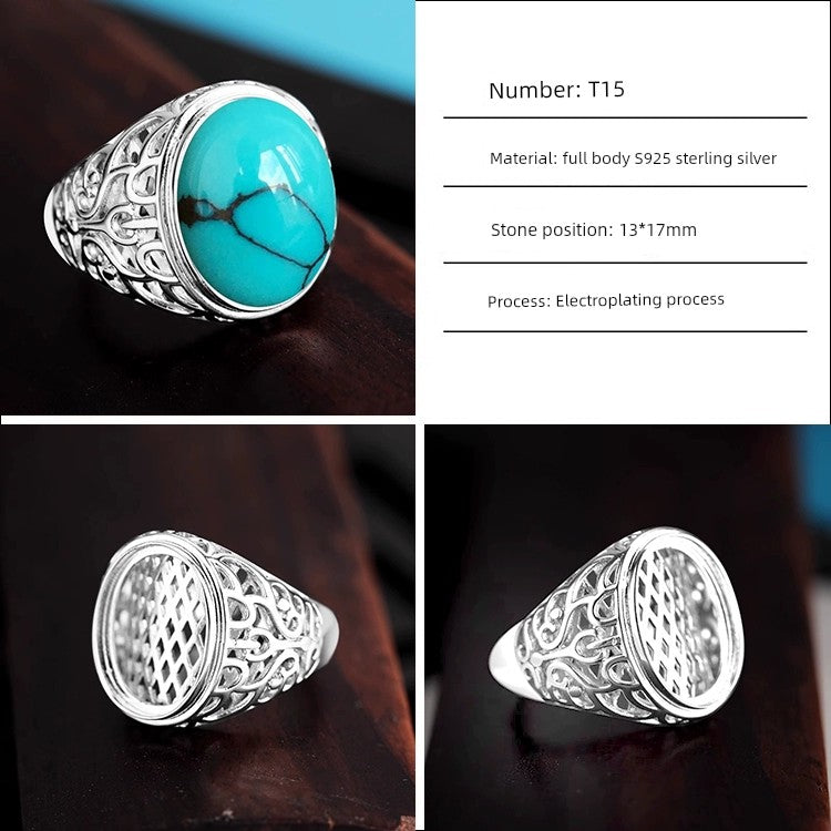 S925 Sterling Silver Ring Frame DIY Inlaid Beeswax Turquoise Amber South Red Ring Gem Opening Men Square Ring Setting