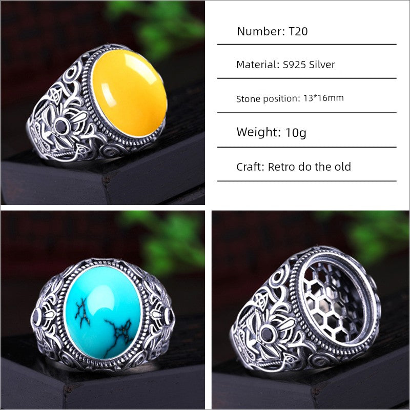 S925 Sterling Silver Ring Frame DIY Inlaid Beeswax Turquoise Amber South Red Ring Gem Opening Men Square Ring Setting