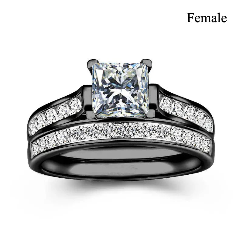 Fashion Couple Rings Women's White Rhinestones Zircon Ring Sets Men's Stainless Steel Zircon Stones Rings Wedding Band Jewelry