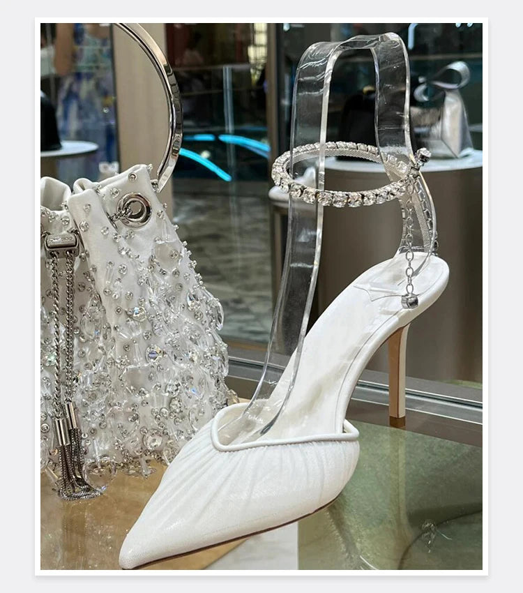 2025 New Mesh Hot Drilled Sexy Versatile Pointed Shallow Mouth Water Diamond Chain High Heels Baotou Sandals for Women