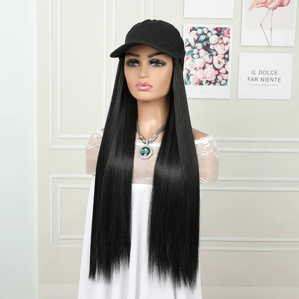 hat wig straight hair Synthetic Long Straight Baseball Cap with Hair Extensions 24 Inch High Quality fiber Adjustable Wig Hat for Women Girls