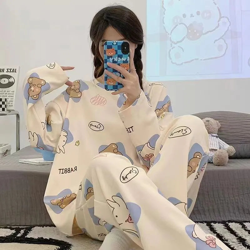 Women's Pajamas Two-Piece Casual Cute Comfortable Sleepwear Homewear Set Tops and Trousers Nightwear Lounge Wear Autumn Winter