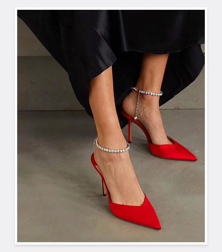 2025 New Mesh Hot Drilled Sexy Versatile Pointed Shallow Mouth Water Diamond Chain High Heels Baotou Sandals for Women