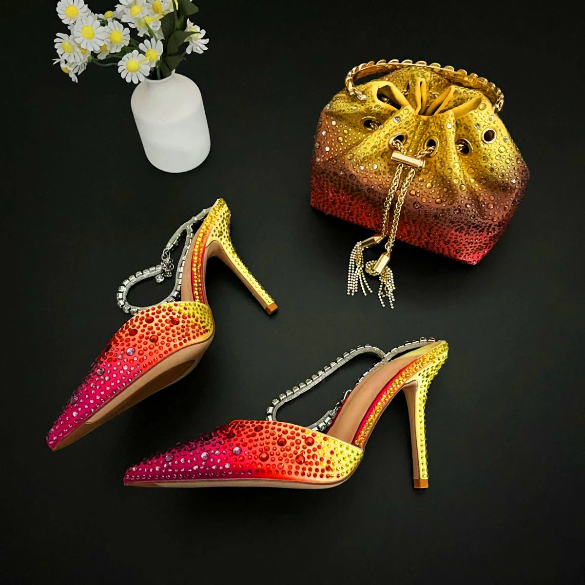CHMURY Pointed Toe Rhinestone Heels and bag Set for Women Luxury Wedding Party