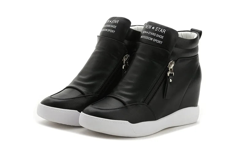 Women Casual Sneakers White PU Platform Shoes Ladies Wedge Sports Shoe Fashion Woman Black Chunky Side Zipper Vulcanized Shoes