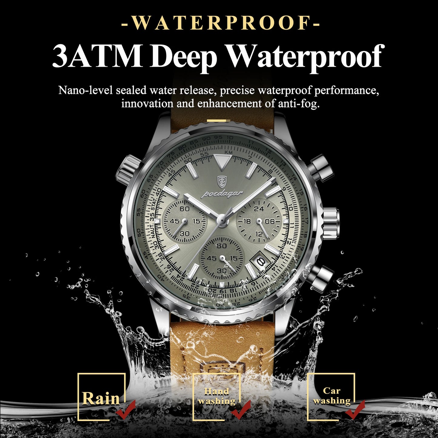 POEDAGAR Fashion High Quality Men Clock Chronograph Waterproof Luminous Calendar Man Wristwatch Leather Quartz Men's Watches+Box