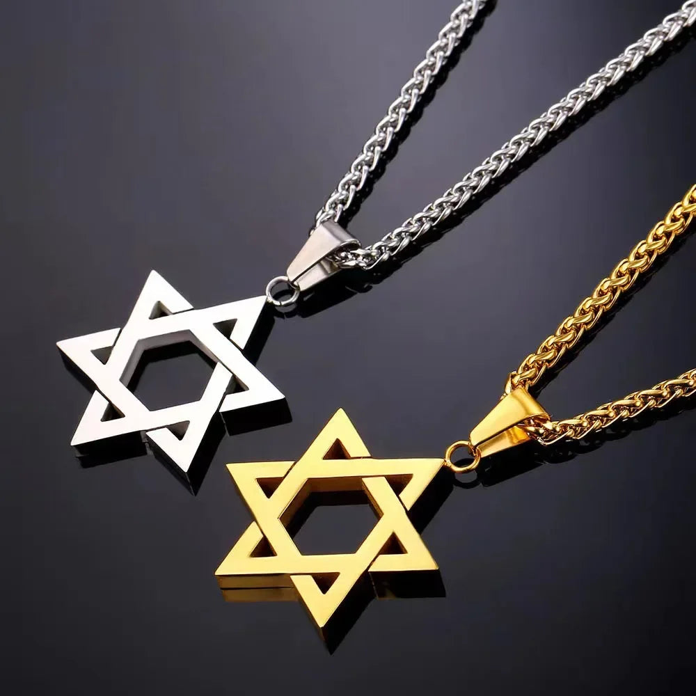 Stainless Steel Simple Star of David Six-Pointed Star Pendant Necklace for Men and Women Fashionable Jewish Religious Trend Jewe