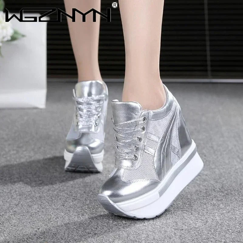 NEW Classic Women Mesh Platform Sneakers White Shoes 10CM High Heel Wedges Outdoor Breathable Casual Shoes Autumn Round Toe 2024