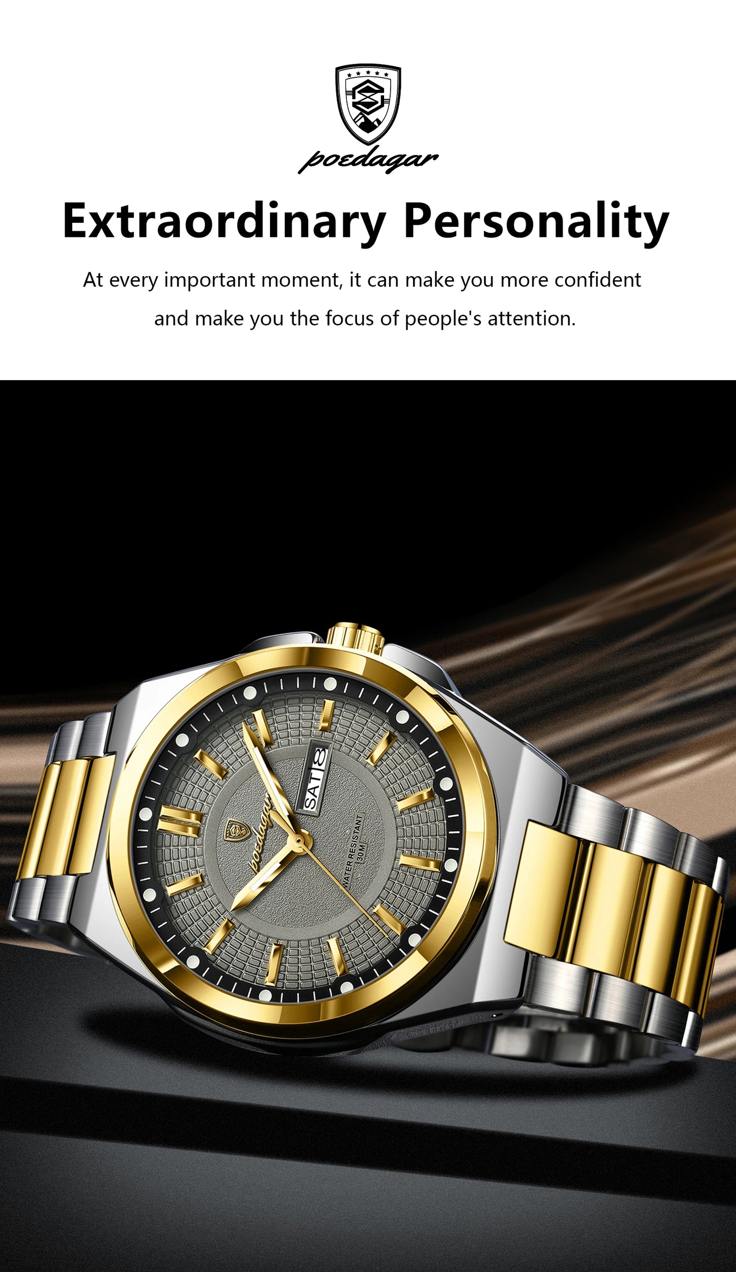 POEDAGAR Luxury Men's Wristwatch Stainless Steel Date Week Man Watch Waterproof Luminous Business Fashion Quartz Watches For Men