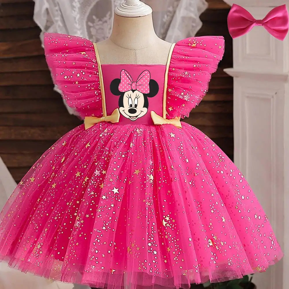 Mickey Minnie Mouse Princess Dress for Girls Sequined Star Ruffle Bow Tutu Baby Formal Gala Prom Gown Kids Evening Party Costume