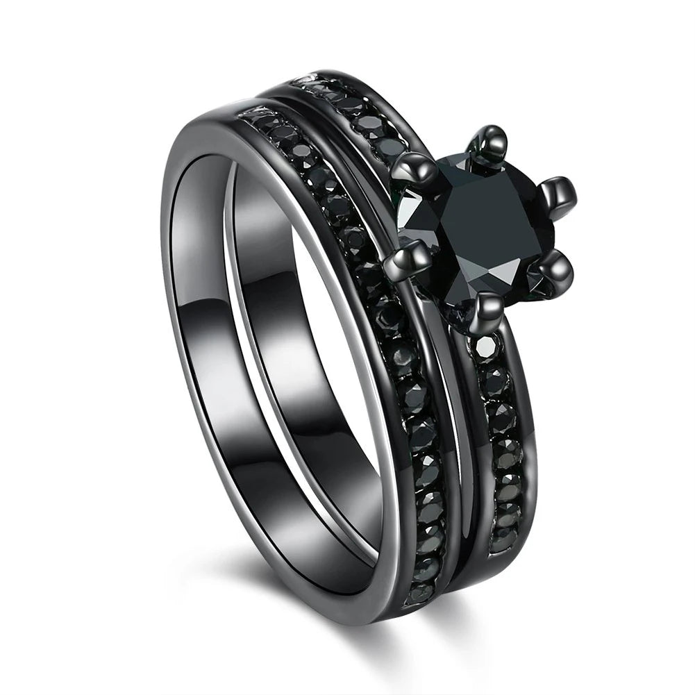 Fashion Couple Rings Women's Black Rhinestones Zirconia Rings Set Men's Stainless Steel Zirconia Rings Wedding Band Jewelry Gift
