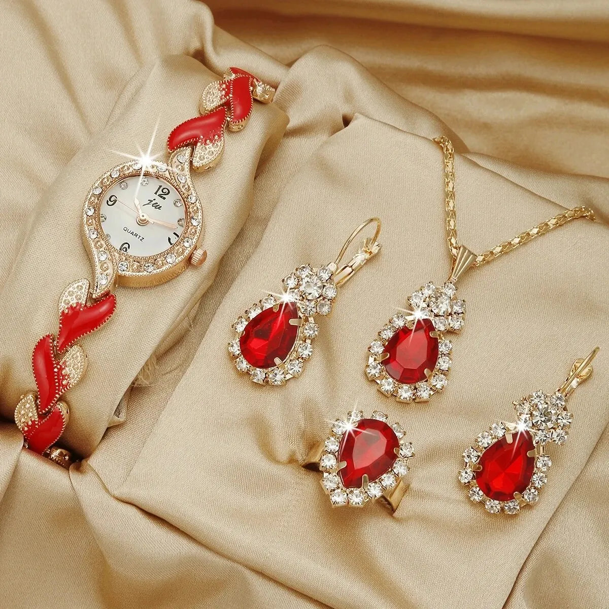 Women Watch Hand Jewelry Set Diamond Bracelet Watch + Water Drop Jewelry Set 5pcs/Set