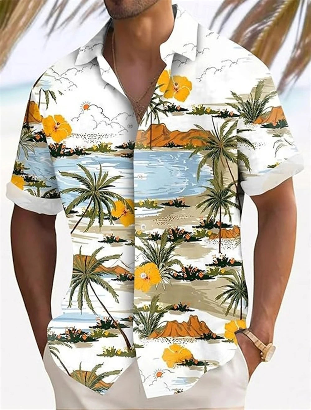 Hawaiian Men's Coconut Palm Tropical Plants Shirt Summer Casual Lapel Short Sleeve Shirts Male Outdoor Travel Oversized Clothing