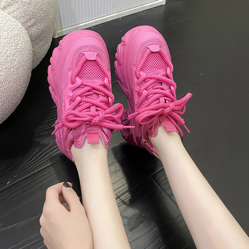 Hidden Heels White Chunky Sneakers Women Breathable Lace Up High Platform Shoes Woman 2025 Autumn Non-Slip Thick Bottom Sneakers