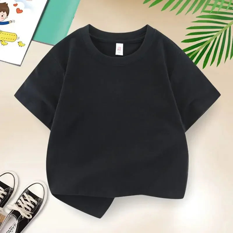 Kids T-shirt Summer Cotton Top Boys Girls Solid Color Blank T-shirt O Neck Round Neck Short Sleeve Pair of White Top T-shirt