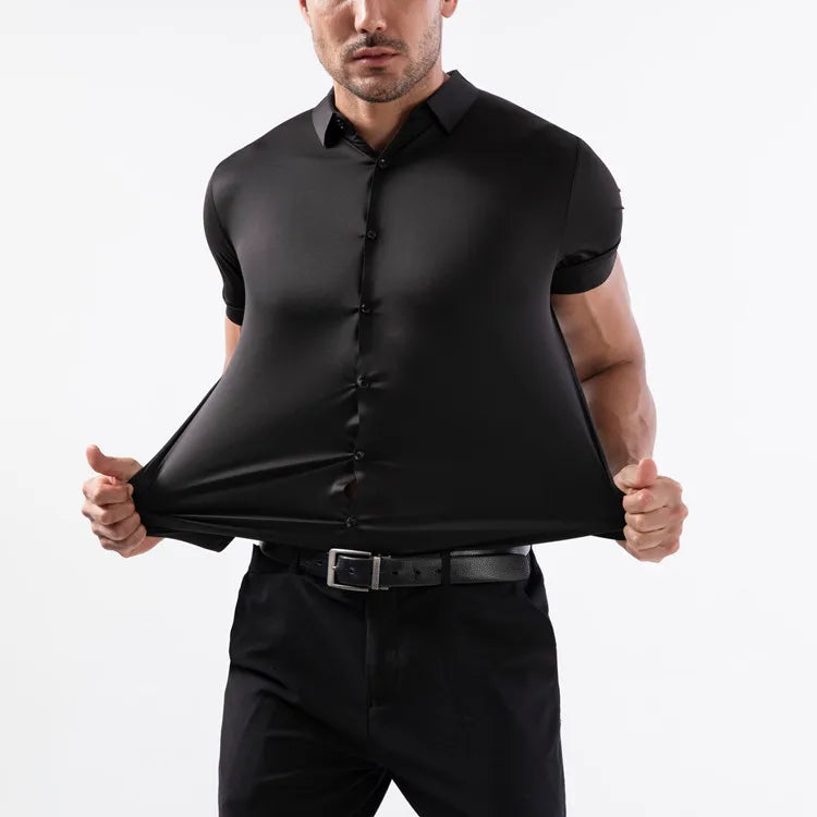 High Quality Summer Business Shirts For Men Short Sleeve Button Wrinkle Free Elasticity Social Black Office Dress Shirts US Size