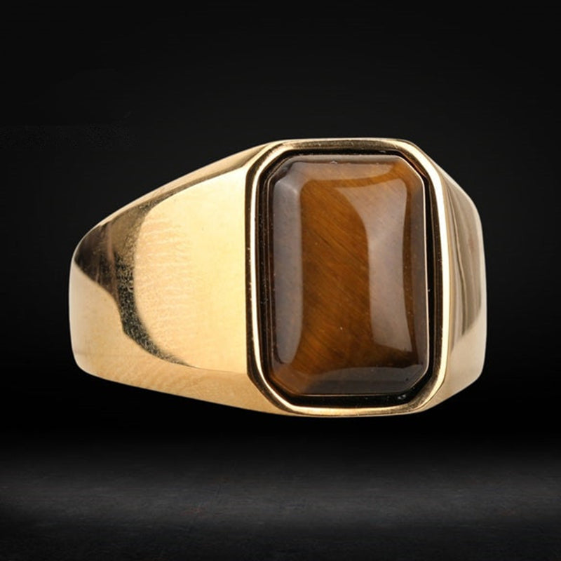 Natural Gemstone Tiger Eye Signet Ring Stainless Steel Waterproof Handmade Jewellery Rings for Men Women Father Boyfriend Gift