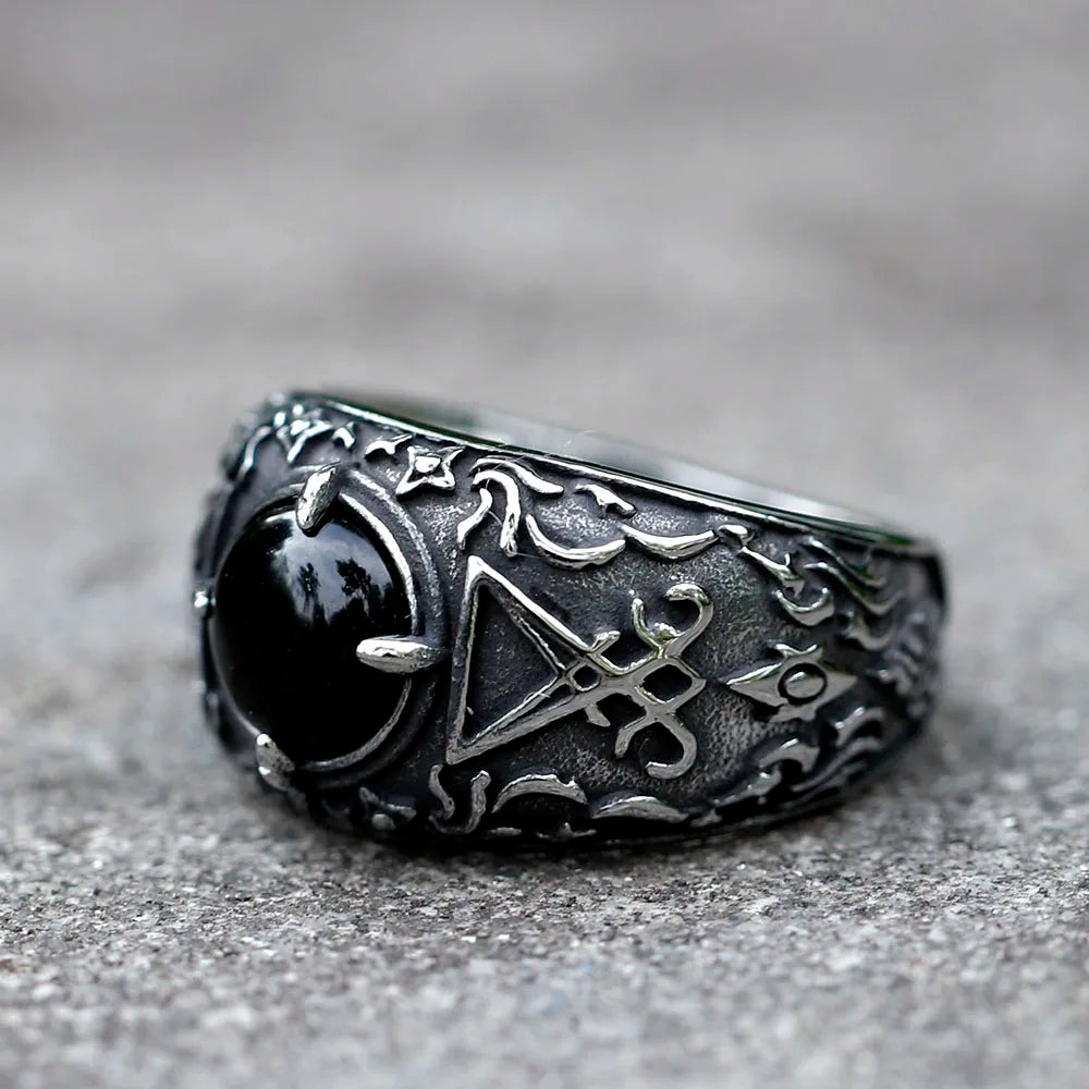 Men's Lucifer Satan Signet Ring With Black Stone Stainless Steel Vintage Jewelry Size 7