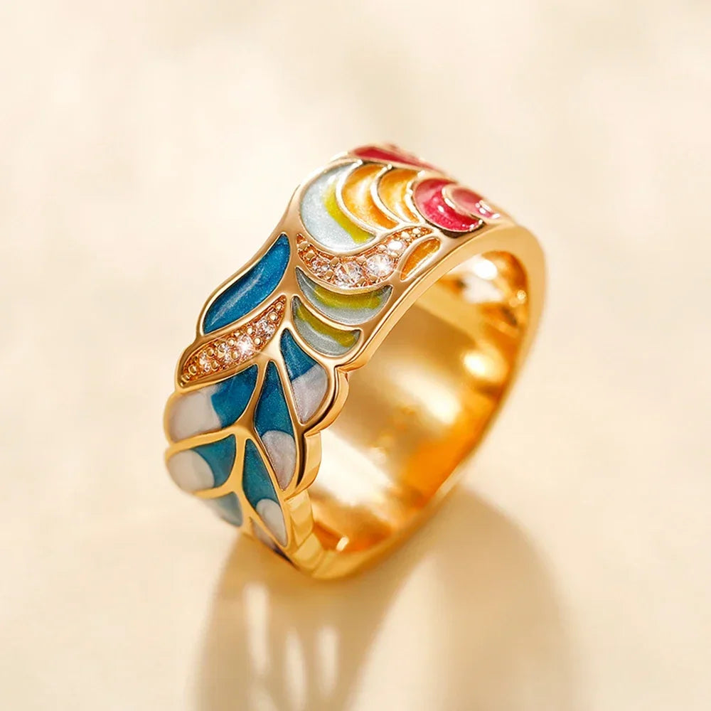Huitan Newly Designed Colored Enamel Women Rings for Party Aesthetic Pattern  Luxury Gold Color  Fancy Gift Fashion Jewelry