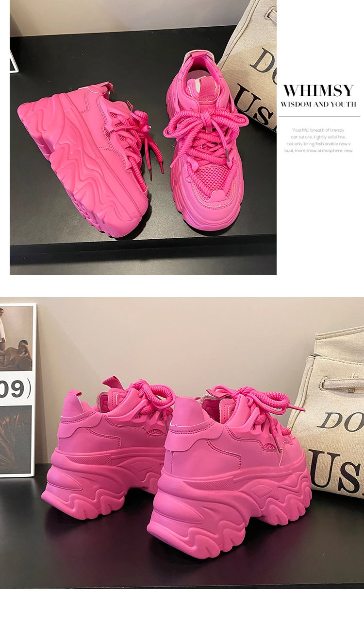 Hidden Heels White Chunky Sneakers Women Breathable Lace Up High Platform Shoes Woman 2025 Autumn Non-Slip Thick Bottom Sneakers