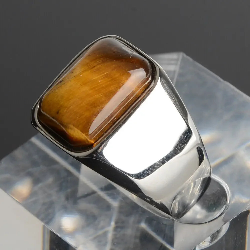 Natural Gemstone Tiger Eye Signet Ring Stainless Steel Waterproof Handmade Jewellery Rings for Men Women Father Boyfriend Gift