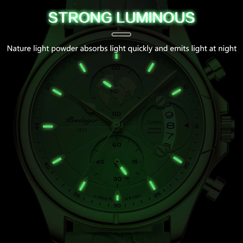 POEDAGAR Luxury Watches For Men Chronograph Date Waterproof Luminous Man Watch Leather Quartz Business Men's Watch with Box Gift