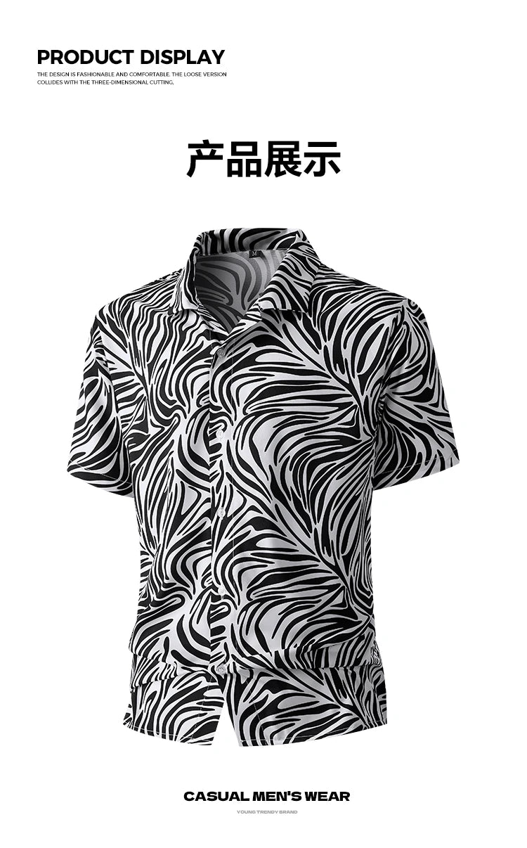 Men Loose Short Sleeve Shirt Trendy Printed Shirt Jacket