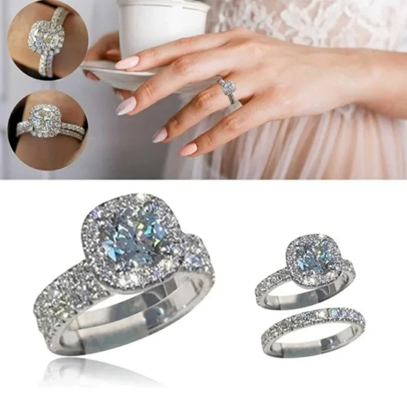 Huitan Honorable Women Rings Set 925 Sterling Silver Exquisite Full Paved CZ Finger Accessories Chic Wedding Ceremony Jewelry