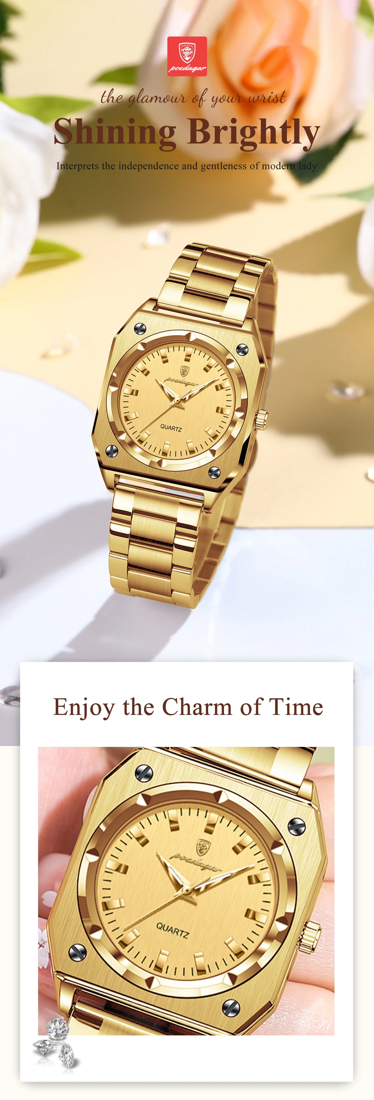 POEDAGAR Fashion Square Ladies Wristwatch Stainless Steel Waterproof Luminous Woman Watch Elegant Luxury Women's Quartz Watches