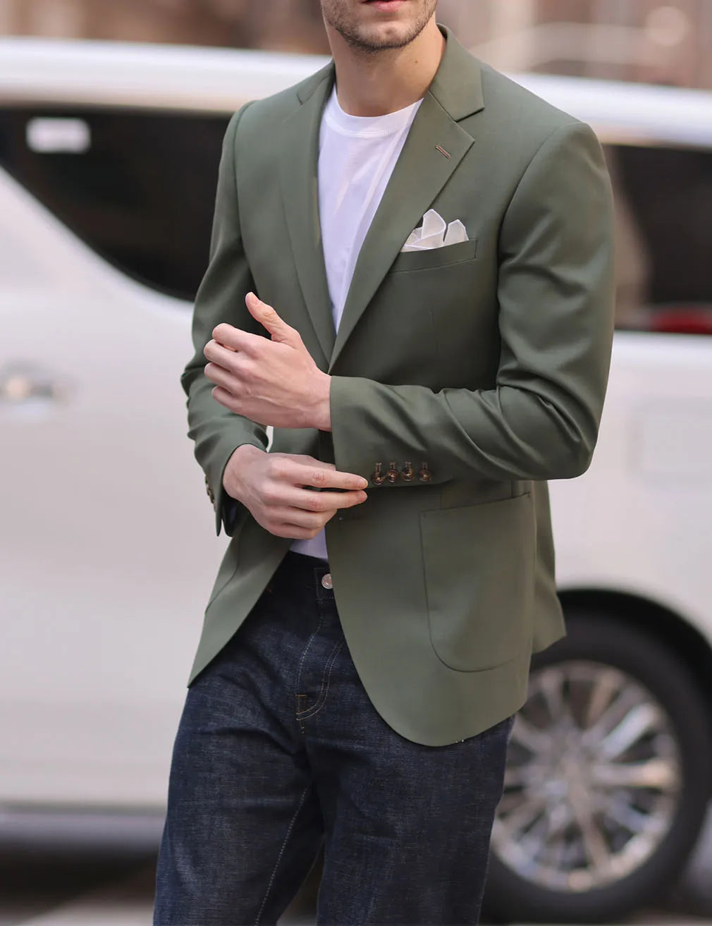 High Quality Olive Green Men's Suits Slim Fit Formal Business Casual jacket Bespoke Peaked Lapel Blazer Wedding Groom Dress