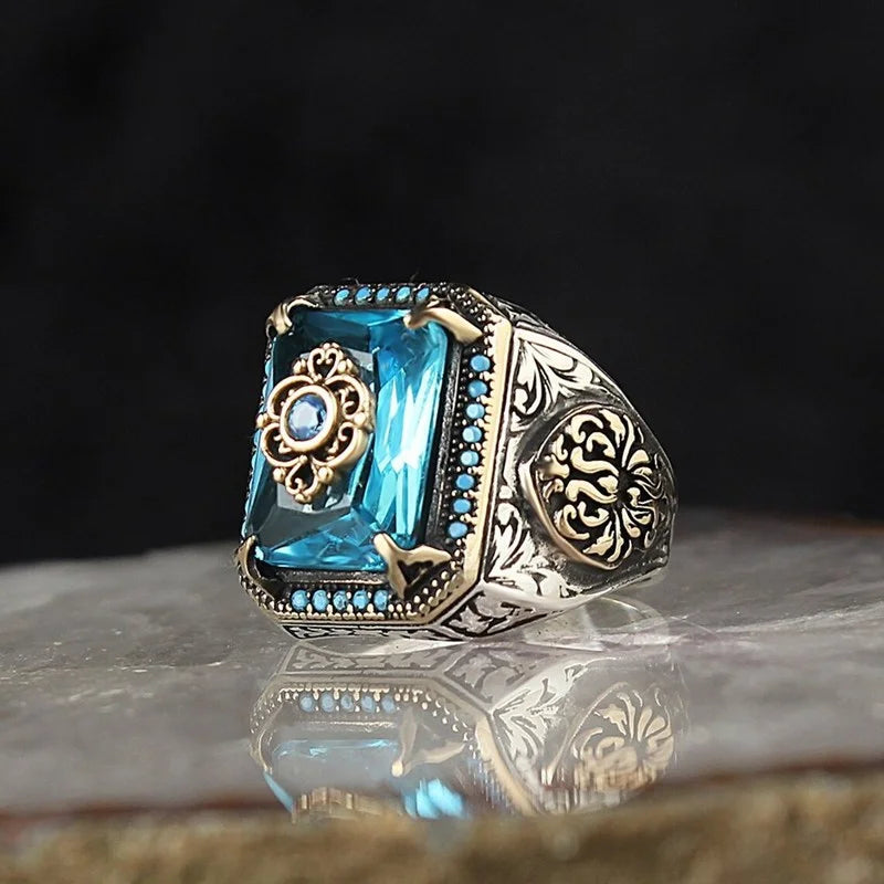 Vintage Hand Engraved Pattern Turkish Signet Ring for Men Fashion Set Green Stone Seal Islamic Muslim Jewelry