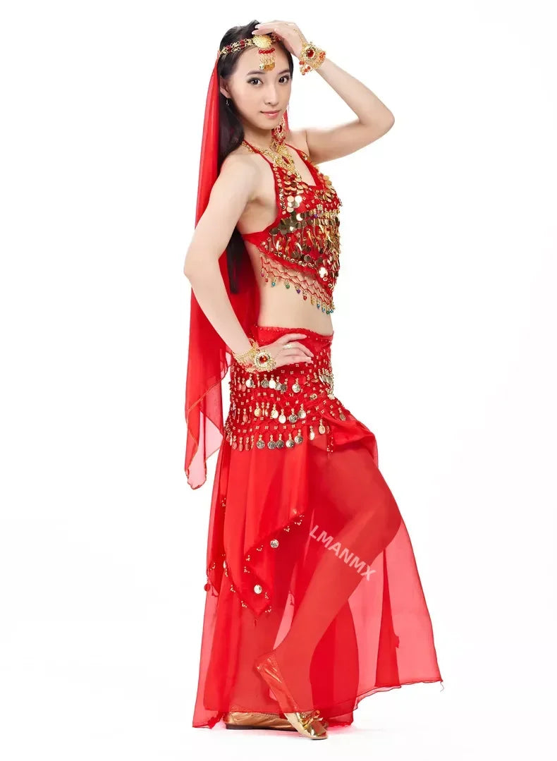 Indian Costume Set 4-pieces Belly Dance Veil Top Coins Hip Scarf Skirt Belly Dance Costume Women