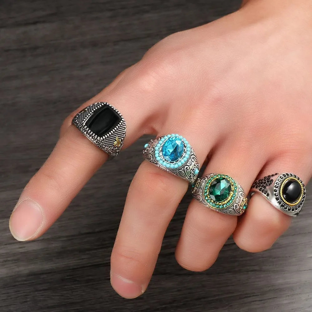 Retro Handmade Turkish Signet Ring Vintage Men's Ancient Metal Turquoise Zircon Rings Men Wedding Party Punk Motor Biker Jewelry
