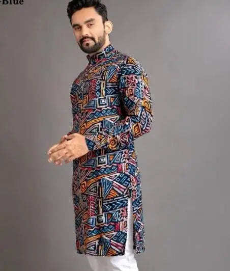 Men Digital Printed Kurta Vardha Regular Fit Mandarin Collar Long Suitable All Occasions Such Wedding Hari Raya Aidilfitri