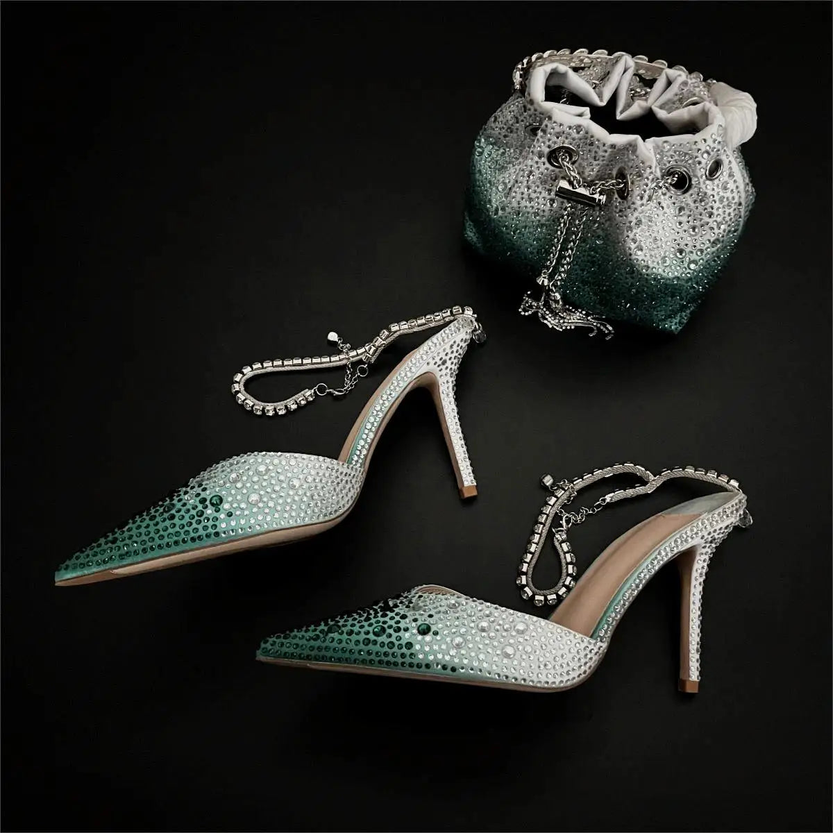 CHMURY Pointed Toe Rhinestone Heels and bag Set for Women Luxury Wedding Party