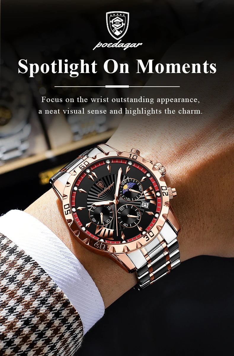 POEDAGAR Luxury Sport Man Watch Chronograph Luminous Waterproof Date Men Watch High Quality Stainless Steel Men's Quartz Watches
