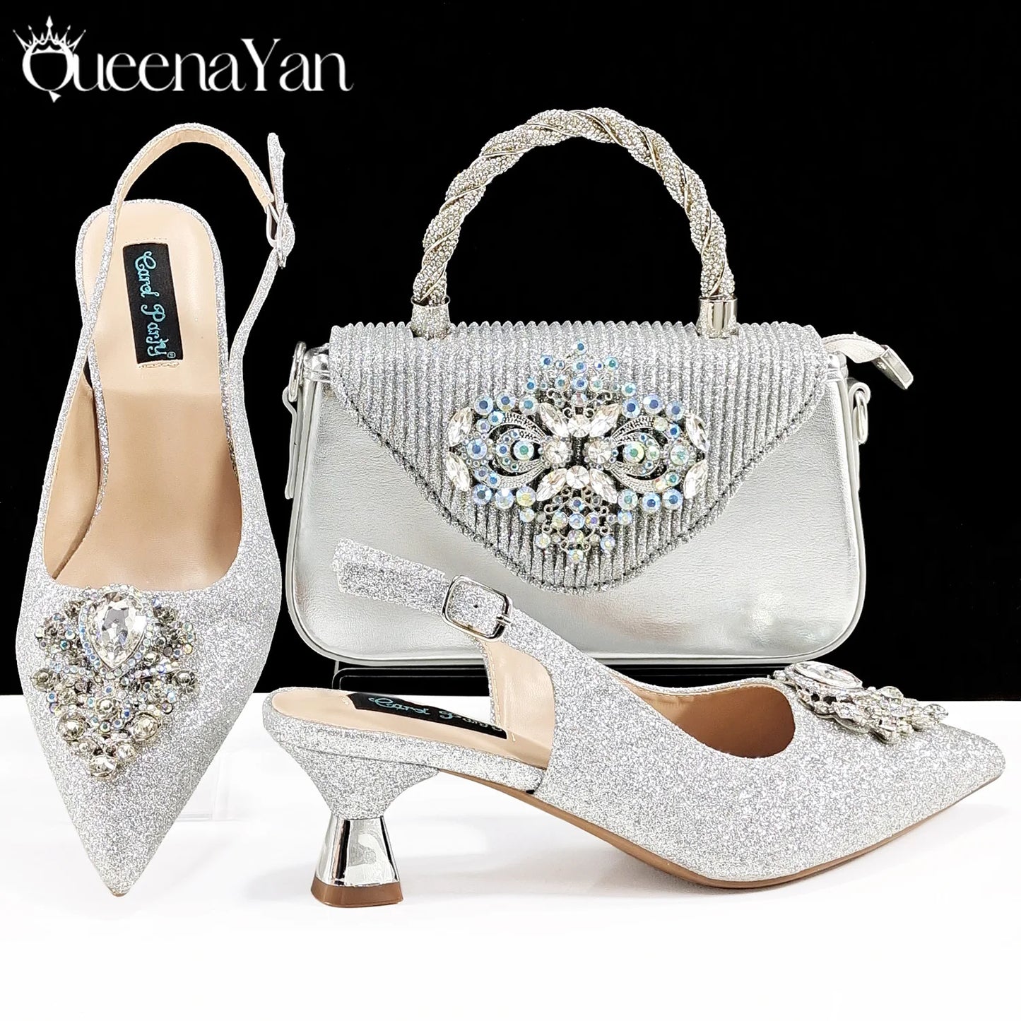 Italian Design Peach Color Pointed Toe Shoe & Bag Set Rhinestone Luxury  Women's High Heels for Parties By QSGFC