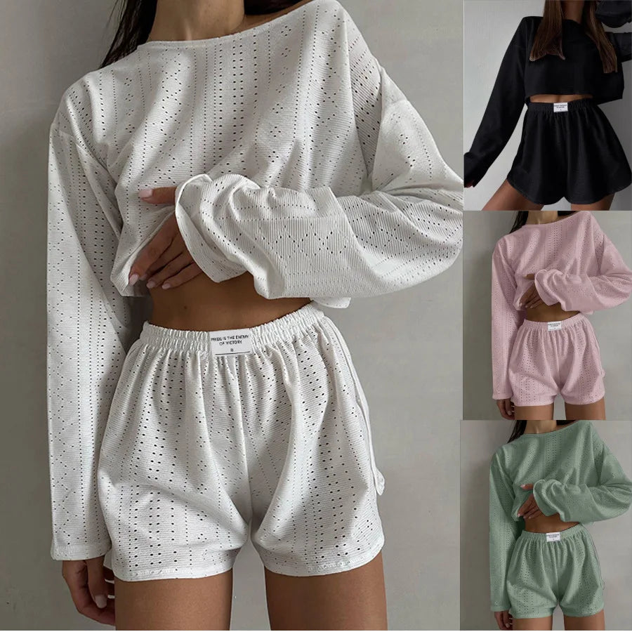 Women's Pajamas Set Sleepwear Spring Long Sleeve Tops With Shorts Home Clothes 2 Piece Sets Pyjama Femme Loungewear Pijama Mujer