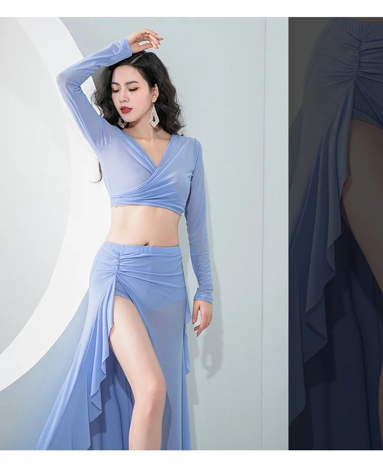 Women Oriental Dance Costume Dress 2 Piece Gauze Top Side Split Long Skirt Professional Dancer Performance Training Outfit New