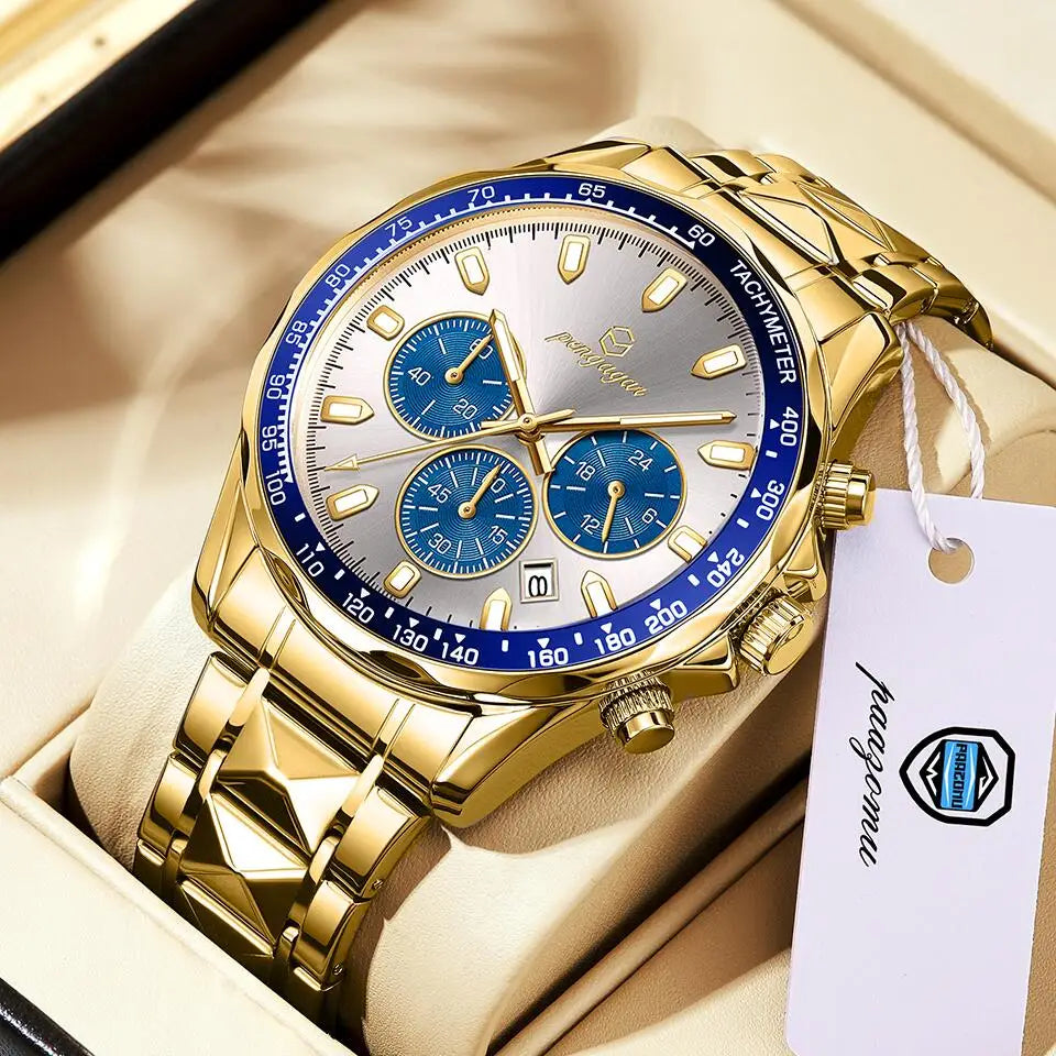 POEDAGAR Luxury Gold Watches Men Business Waterproof Luminous  Fashion Stainless Steel Date Week Band Male's Quartz Watch Reloj