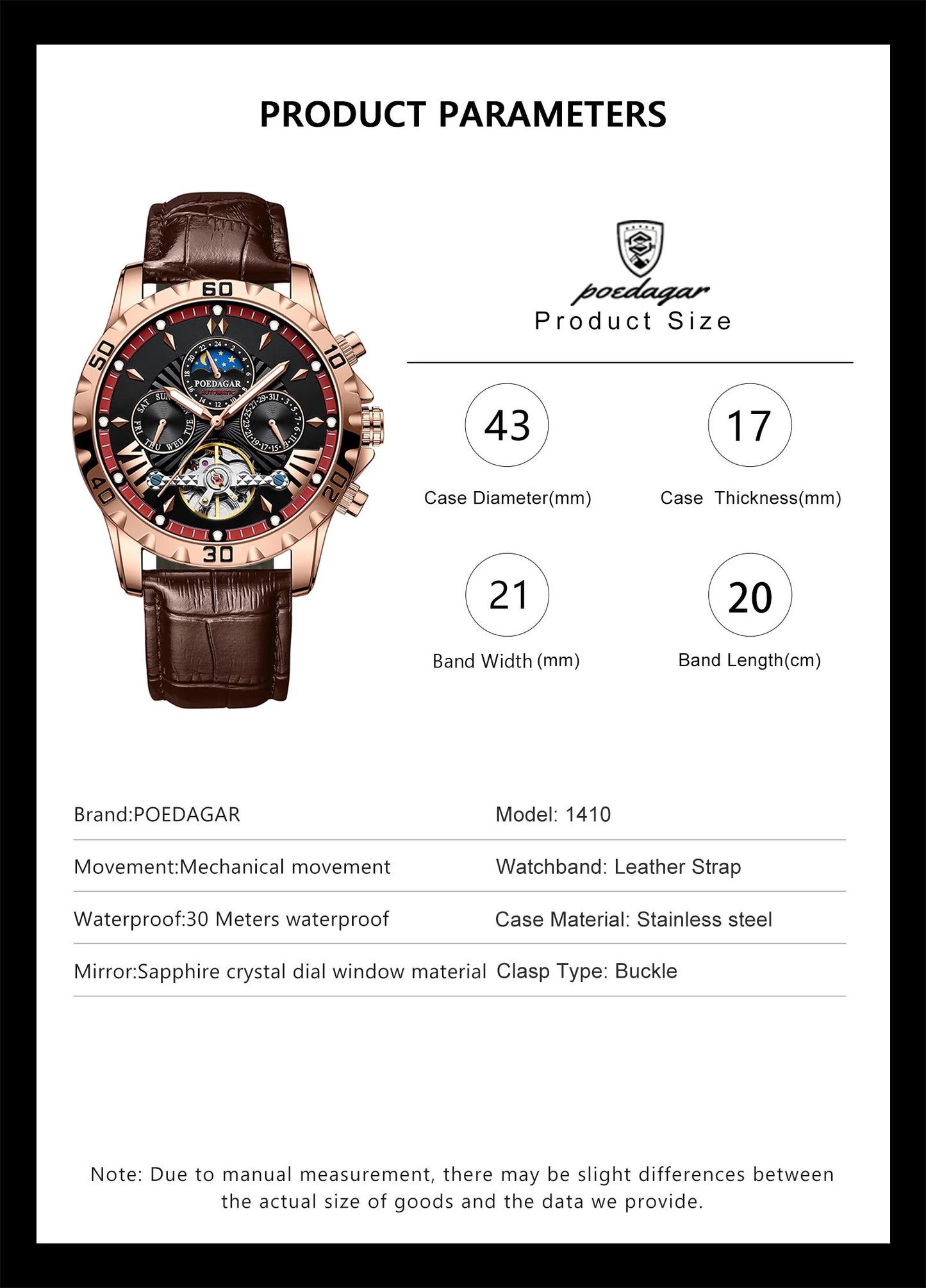 POEDAGAR Luxury Automatic Mechanical Wristwatch Waterproof Luminous Date Week Tourbillon Leather Men Watch Men's Fashion Watches