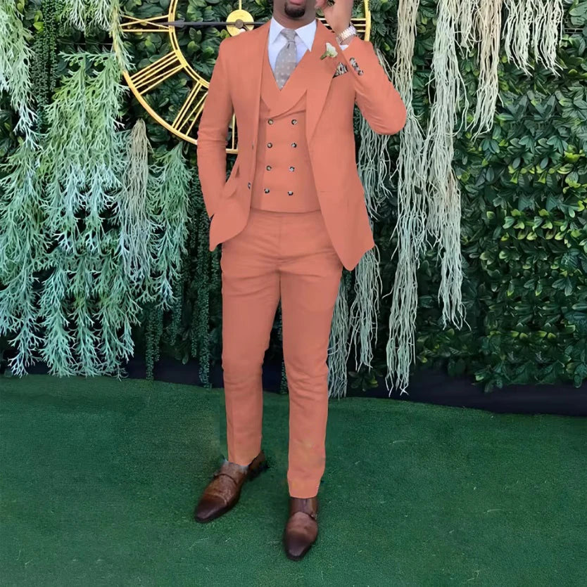 Men's Wedding Banquet 3-piece Suit Double Breasted Custom Men's Suit (Jacket, Vest and Trousers) Party Business Office Wear