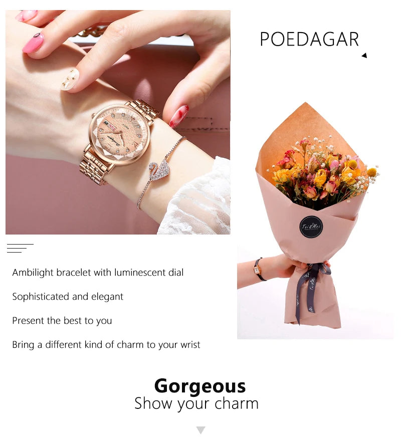 POEDAGAR Fashion Watches For Women Waterproof Luminous Stainless Steel Woman's Wristwatch Luxury Elegant Ladies Watch Gift Reloj