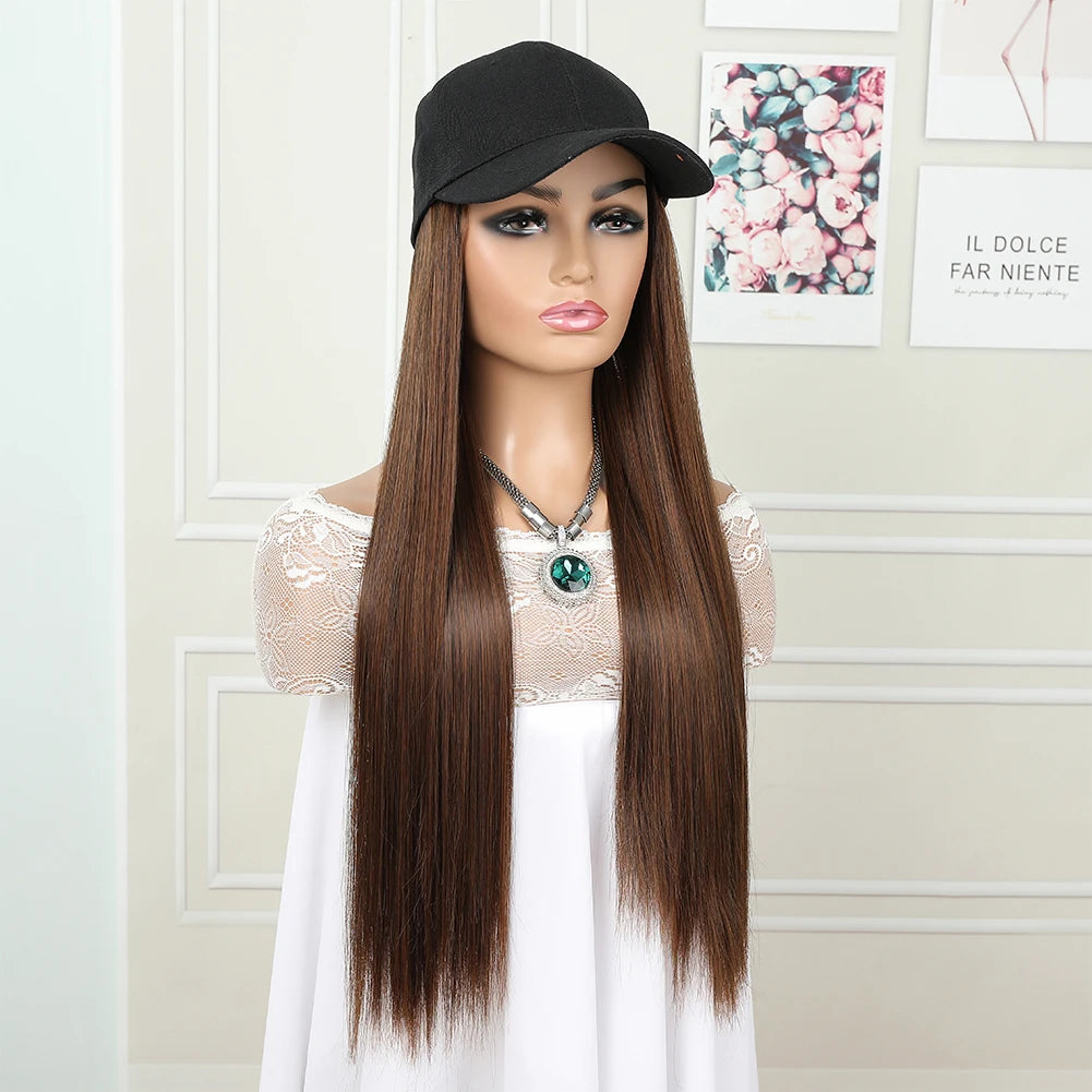 hat wig straight hair Synthetic Long Straight Baseball Cap with Hair Extensions 24 Inch High Quality fiber Adjustable Wig Hat for Women Girls