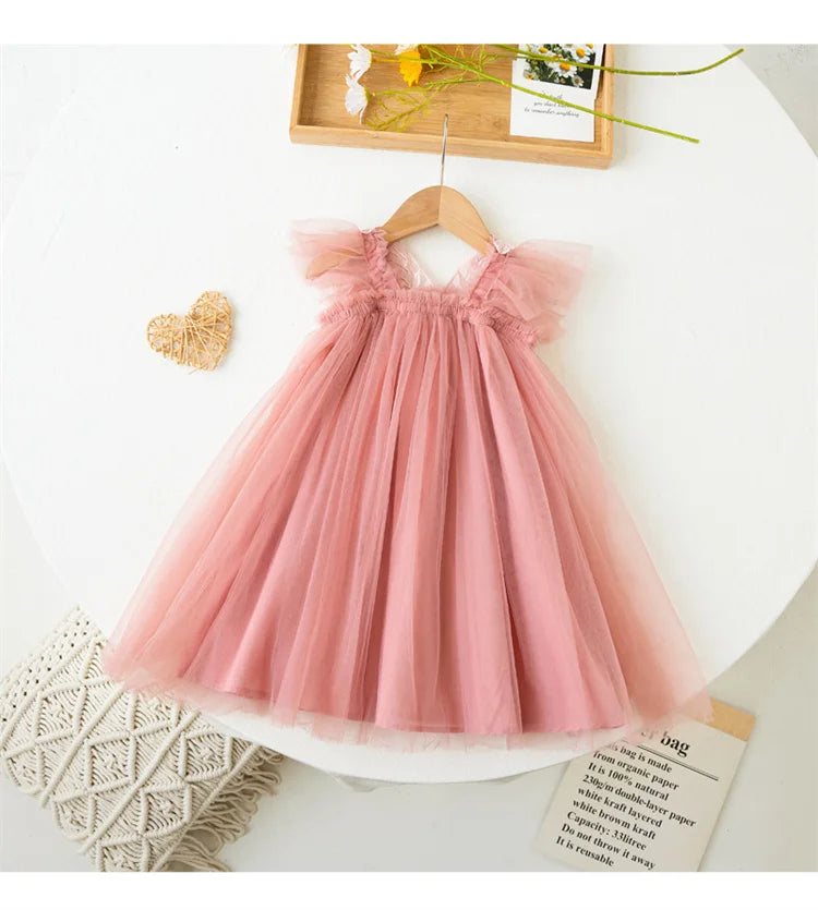 Children's Girl Dresses With Butterfly Wing Fashion Kids Tulle Dress For Girls 2-8Y Summer New Sleeveless Mesh Princess Clothes